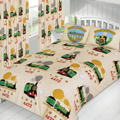 Single Bed Little Flying Scotsman Duvet Cover Set, Trains Lner 4472 Cream Red Green - image 1