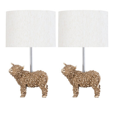 First Choice Lighting Set Of 2 Angus Highland Cow Table Lamps With Oatmeal Linen Shade - image 1