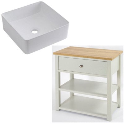Homestylestore 840mm Antique White And Oak Bathroom Vanity Unit With Square Countertop Basin And Bronze Round Handle - image 1