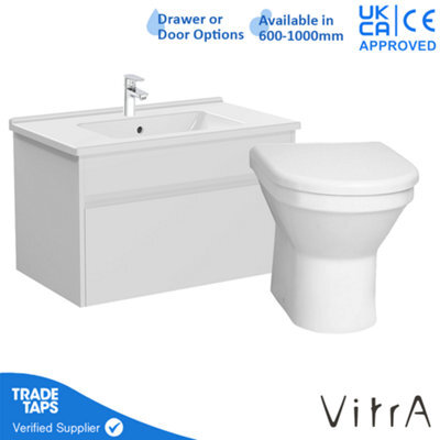 Vitra 800mm Wall Hung Bathroom Vanity Unit With 1 Drawer Includes Basin, Chrome Tap And Back To Wall Toilet - White Gloss - image 1
