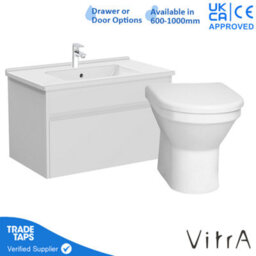 Vitra 800mm Wall Hung Bathroom Vanity Unit With 1 Drawer Includes Basin, Chrome Tap And Back To Wall Toilet - White Gloss - thumbnail 1