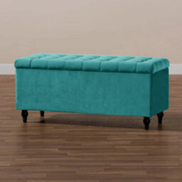137Cm Cubed Ottoman Storage Box With Wooden Legs, Teal Velvet Upholstered Chesterfield Footstool Storage Ottoman Bench