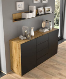 Arte Modern Aura Sideboard Cabinet H890mm W1640mm D410mm With Handleless Doors And Drawers In Oak Artisan & Black - thumbnail 3