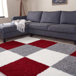 The Rugs Red Grey And Ivory Soft Checkerboard Design Fluffy Shaggy Rugs And Runners High Pile Living Room Kitchen Hallway 381 - thumbnail 5