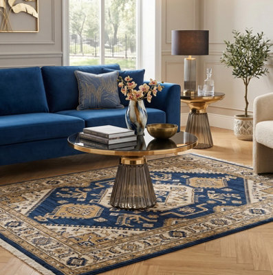 Aspect Furniture Ophelia Modern Glam Pleated Black Glass Coffee Table With Gold Iron Rim, 70 Dia Cm - image 1
