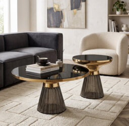 Aspect Furniture Ophelia Modern Glam Pleated Black Glass Coffee Table With Gold Iron Rim, 70 Dia Cm - thumbnail 5