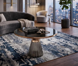 Aspect Furniture Ophelia Modern Glam Pleated Black Glass Coffee Table With Gold Iron Rim, 70 Dia Cm - thumbnail 4