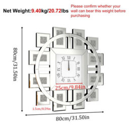 Artloge 80Cm Silver Large Irregular Wall Mirror Clock Aesthetic Crushed Diamond Inlay Wall Clock - thumbnail 2