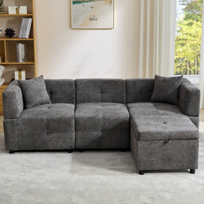 Btm 80 Inch L Shaped Sectional Sofa With Removable Storage Ottoman And 2 Pillows Fabric Sofa For Living Room And Apartment Grey - image 1
