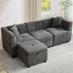 Btm 80 Inch L Shaped Sectional Sofa With Removable Storage Ottoman And 2 Pillows Fabric Sofa For Living Room And Apartment Grey - thumbnail 3