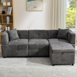 Btm 80 Inch L Shaped Sectional Sofa With Removable Storage Ottoman And 2 Pillows Fabric Sofa For Living Room And Apartment Grey