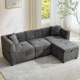 Btm 80 Inch L Shaped Sectional Sofa With Removable Storage Ottoman And 2 Pillows Fabric Sofa For Living Room And Apartment Grey - thumbnail 2