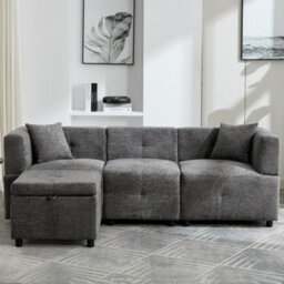 Btm 80 Inch L Shaped Sectional Sofa With Removable Storage Ottoman And 2 Pillows Fabric Sofa For Living Room And Apartment Grey - thumbnail 7
