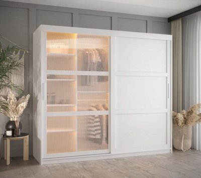Arte Flutes Iii Sliding Door Wardrobe With Glass And Panel Doors And Led Lighting (H2000mm W2000mm D620mm) - White Matt