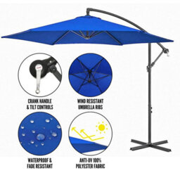 Samuel Alexander 3M Cantilever Parasol In Blue With Crank Handle For Patio Garden Banana Parasol With Uv Protection Outdoor Umbrella Sun Shade - thumbnail 3