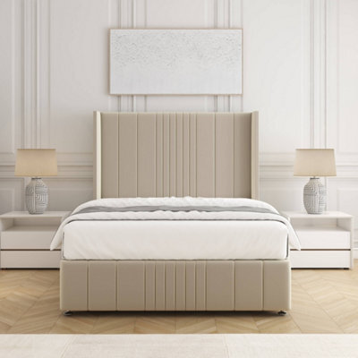 Bsspoke Elise Divan Bed Set Cream Plush Velvet 54Inch Wingedback Headboard & Footboard & Mattress No Drawers In All Sizes - image 1