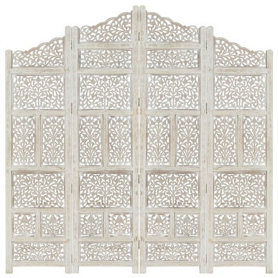 Berkfield Hand Carved 4-Panel Room Divider White 160X165 Cm Solid Mango Wood - image 1