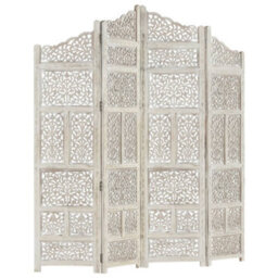 Berkfield Hand Carved 4-Panel Room Divider White 160X165 Cm Solid Mango Wood - thumbnail 8