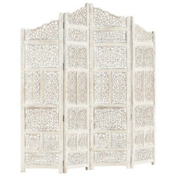 Berkfield Hand Carved 4-Panel Room Divider White 160X165 Cm Solid Mango Wood - thumbnail 6