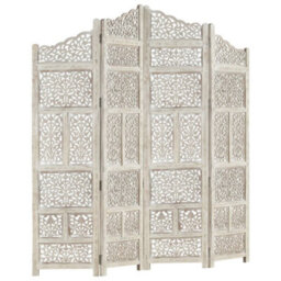 Berkfield Hand Carved 4-Panel Room Divider White 160X165 Cm Solid Mango Wood - thumbnail 7