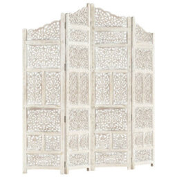Berkfield Hand Carved 4-Panel Room Divider White 160X165 Cm Solid Mango Wood - thumbnail 5