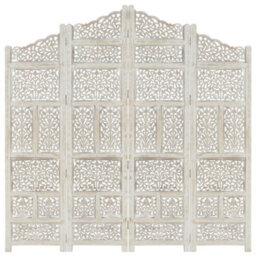 Berkfield Hand Carved 4-Panel Room Divider White 160X165 Cm Solid Mango Wood - thumbnail 1