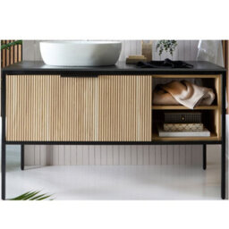 Homestylestore Black And Light Oak 1200mm Bathroom Fluted Vanity Unit And 480 X 350mm Oval Countertop Basin - thumbnail 1