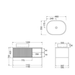 Homestylestore Black And Light Oak 1200mm Bathroom Fluted Vanity Unit And 480 X 350mm Oval Countertop Basin - thumbnail 5