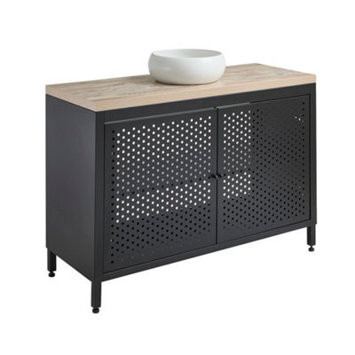 Homestylestore 1200mm Black Metal Floorstanding Bathroom Vanity Unit Light Oak Countertop And Round Chalk Basin - image 1