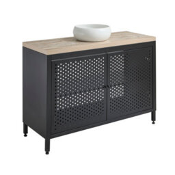 Homestylestore 1200mm Black Metal Floorstanding Bathroom Vanity Unit Light Oak Countertop And Round Chalk Basin - thumbnail 1
