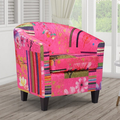 Tub Chair Armchair Club Chair In Pink Patchwork Fabric - image 1