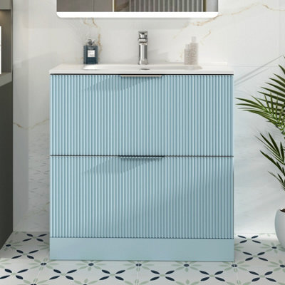 Royal Bathrooms Evora 800mm Powder Blue Fluted Floor Standing Bathroom Vanity Unit 2 Drawer Cabinet Storage With Ceramic Basin Sink - 1 Tap Hole - image 1