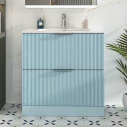 Royal Bathrooms Evora 800mm Powder Blue Fluted Floor Standing Bathroom Vanity Unit 2 Drawer Cabinet Storage With Ceramic Basin Sink - 1 Tap Hole