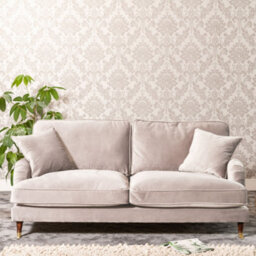 Mackenzie 188Cm Wide Silver 3 Seat Velvet Fabric Sofa With Brass Coloured Wheel Tipped Walnut Coloured Wooden Legs