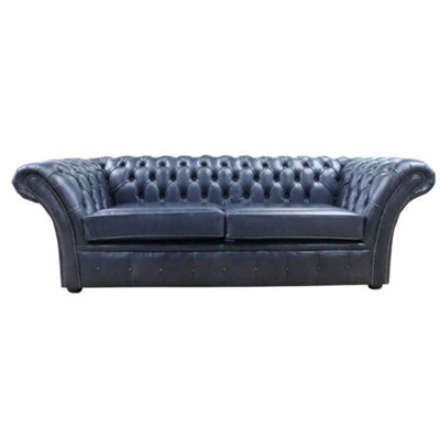 Chesterfield 3 Seater Sofa Settee Old English Ocean Blue Leather In Balmoral Style - image 1