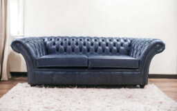 Chesterfield 3 Seater Sofa Settee Old English Ocean Blue Leather In Balmoral Style - thumbnail 4