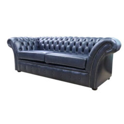 Chesterfield 3 Seater Sofa Settee Old English Ocean Blue Leather In Balmoral Style - thumbnail 3