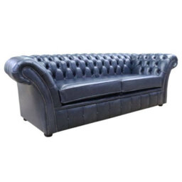 Chesterfield 3 Seater Sofa Settee Old English Ocean Blue Leather In Balmoral Style - thumbnail 2