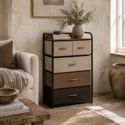 Wyld Haus Neelvefa 5-Drawer Fabric Storage Tower With Steel Frame And Wood-Effect Top, Multi-Coloured