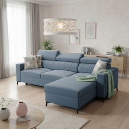 Baltico I Mini Modern Corner Sofa Bed Has Adjustable Profiled Headrests Storage Compact Fabric Lshape Settee Light Blue Right - thumbnail 1