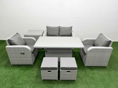 Fimous Light Grey Rattan Garden Furniture Set Sofa Set Reclining Chair Adjustable Lifting Table 6 Seater 2 Small Stools Side Table - image 1
