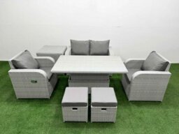 Fimous Light Grey Rattan Garden Furniture Set Sofa Set Reclining Chair Adjustable Lifting Table 6 Seater 2 Small Stools Side Table - thumbnail 1