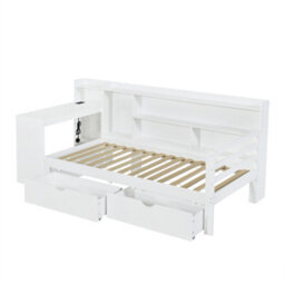 Abrihome White 3Ft Single Bed Frame With Desk, Storage Drawers & Bookcase Headboard, Charging Station, Wood Frame, For Bedroom/study - thumbnail 9