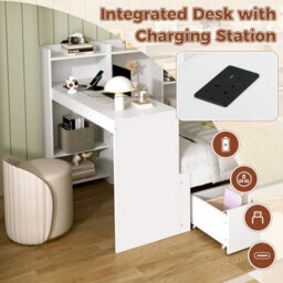 Abrihome White 3Ft Single Bed Frame With Desk, Storage Drawers & Bookcase Headboard, Charging Station, Wood Frame, For Bedroom/study - thumbnail 3