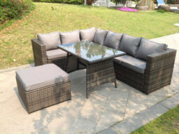 Fimous 7 Seater Grey Rattan Sofa Dining Set Table Footstool Garden Furniture Outdoor - thumbnail 3