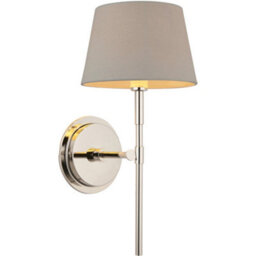 Loops Indoor Bright Nickel Plate Wall Light - Grey Linen Mix Fabric Shade - Dimmable 6W Led E14