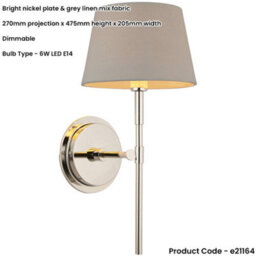 Loops Indoor Bright Nickel Plate Wall Light - Grey Linen Mix Fabric Shade - Dimmable 6W Led E14 - thumbnail 2