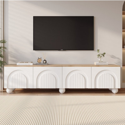 BTM 180cm TV Stand for TVs up to 75 Inch, White & Wood Effect Cabinet with 4 Storage Compartments and 6 Metal Legs - image 1