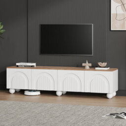 BTM 180cm TV Stand for TVs up to 75 Inch, White & Wood Effect Cabinet with 4 Storage Compartments and 6 Metal Legs - thumbnail 3