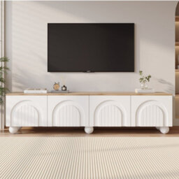 BTM 180cm TV Stand for TVs up to 75 Inch, White & Wood Effect Cabinet with 4 Storage Compartments and 6 Metal Legs